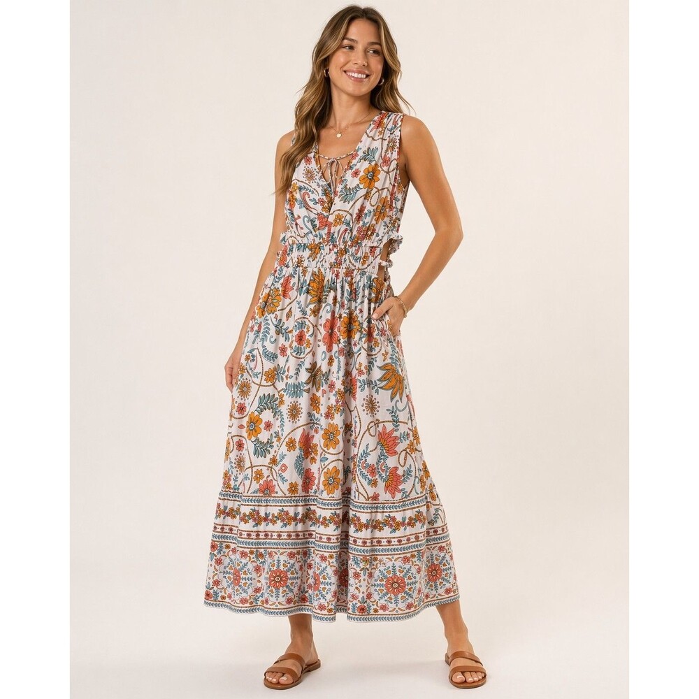 Speed Limit Floral Midi Dress Boho Tiered Sleeveless Tie Back Women L